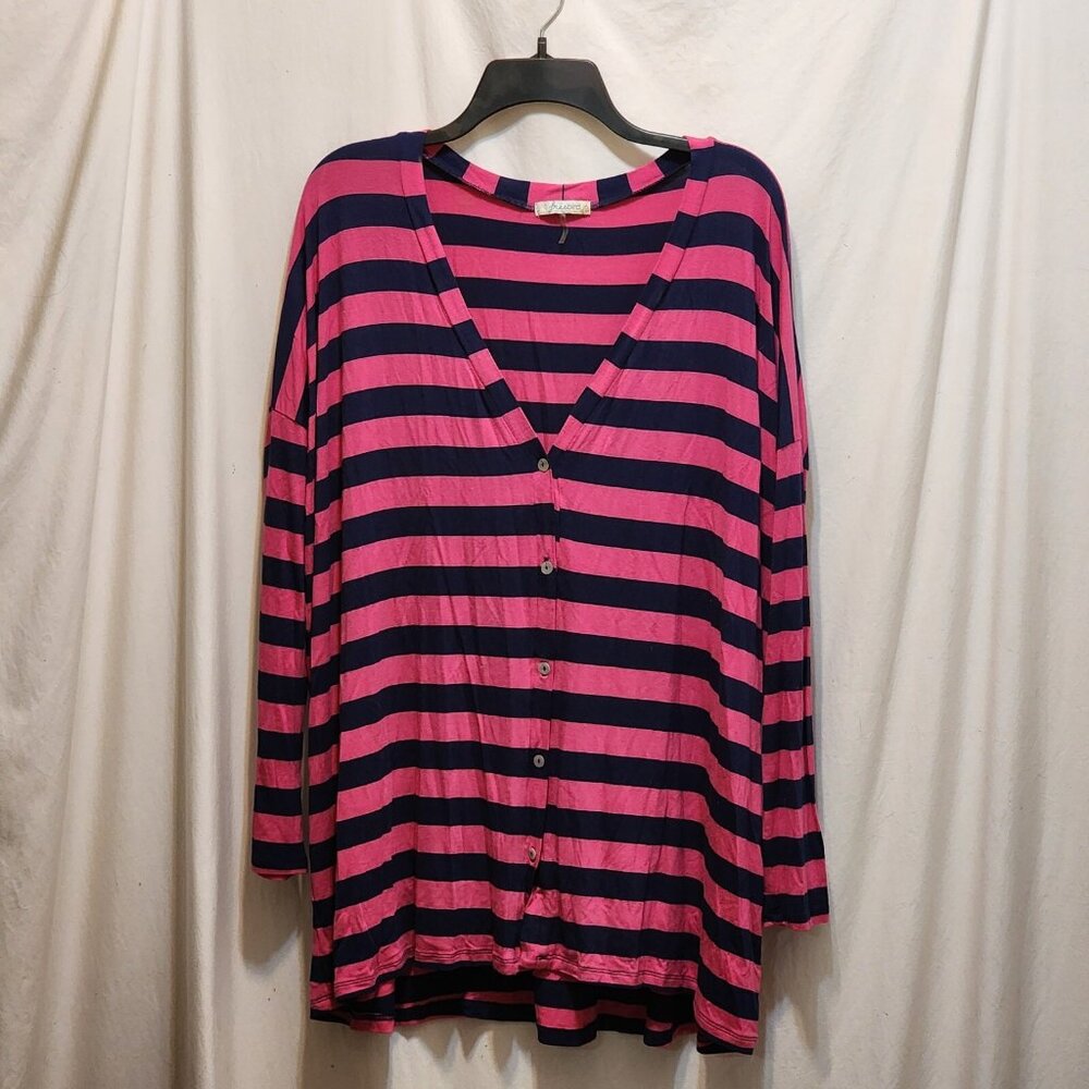 Freebird Pink Blue Striped Button Front Oversized Top L Long‎ Sleeve V-Neck